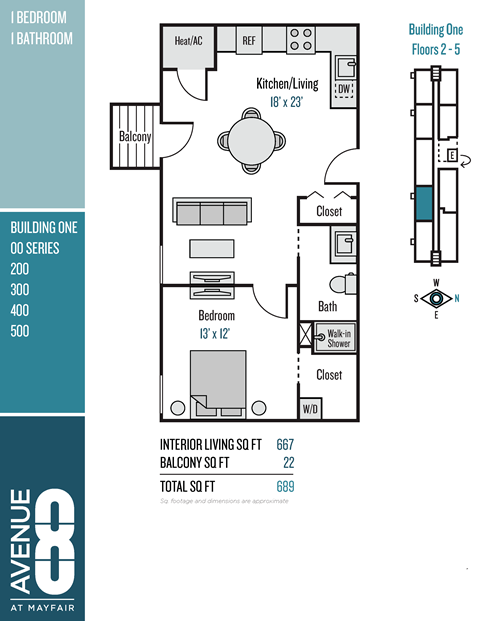 Floor plan for 1 bed, 1 bath, 673 sqft